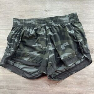 Athleta Printed Mesh Racer Run Shorts Womens M Dark Camo 4" Drawstring Training